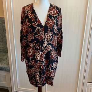 ZARA floral print 3/4 sleeve tunic shirt dress Sz S pockets borwn/black